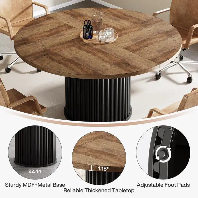 Alt view image 5 of 7 - 47" Round Conference Table, Black Meeting Table for 4-6 People | Small Office Desk with Sturdy MDF + Metal Base, Perfect for Conference Room or Small Workspaces, Easy Assembly, Brown + Black