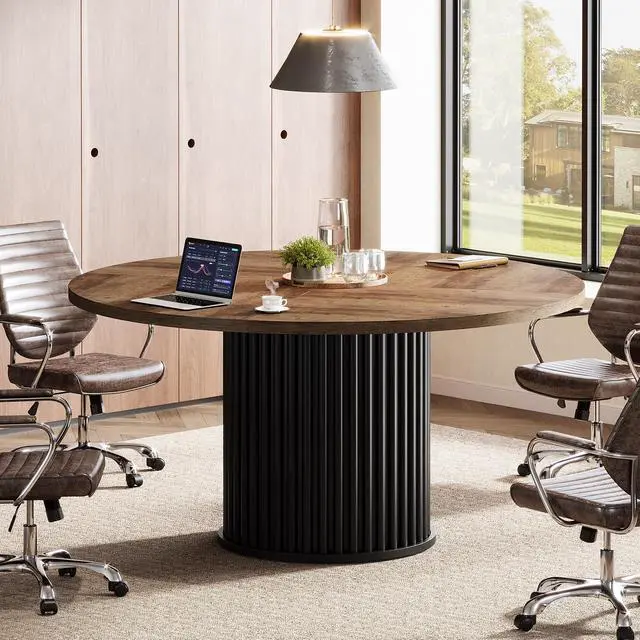 Alt view image 6 of 7 - 47" Round Conference Table, Black Meeting Table for 4-6 People | Small Office Desk with Sturdy MDF + Metal Base, Perfect for Conference Room or Small Workspaces, Easy Assembly, Brown + Black