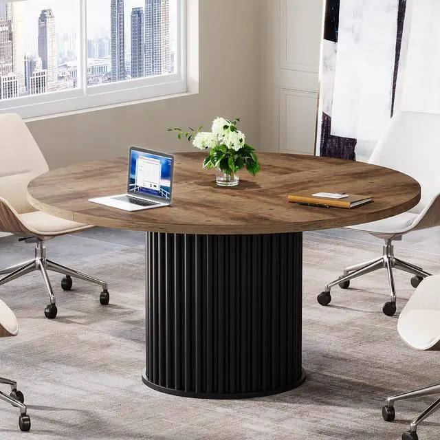 Alt view image 7 of 7 - 47" Round Conference Table, Black Meeting Table for 4-6 People | Small Office Desk with Sturdy MDF + Metal Base, Perfect for Conference Room or Small Workspaces, Easy Assembly, Brown + Black