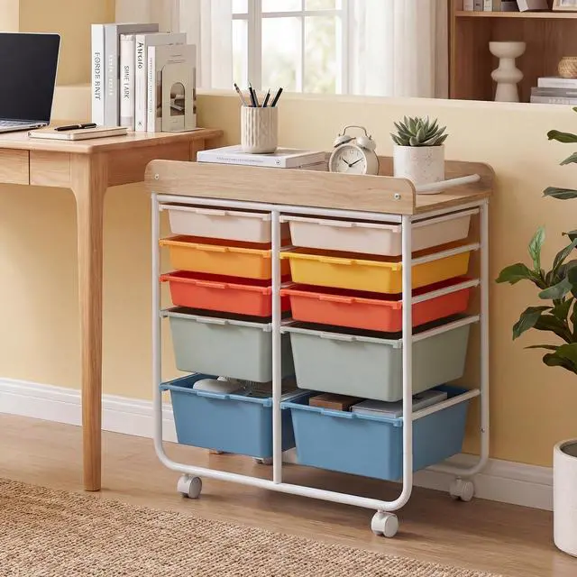 Alt view image 2 of 7 - 10-Drawer Rolling Cart with Drawers - Mobile Art Craft Organizer w/Wooden Top, Lockable Wheels, Metal Frame & Handles, Utility Storage Cart for Office Study School Classroom (Macaron)