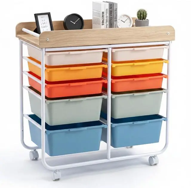 Main image of Rolling Cart with Drawers, 10 Drawer Rolling Storage Cart with Wooden Tabletop, Metal Frame & Lockable Wheels, Craft Organizers and Storage for Home Office Classroom (Macaron, 10 Drawer)