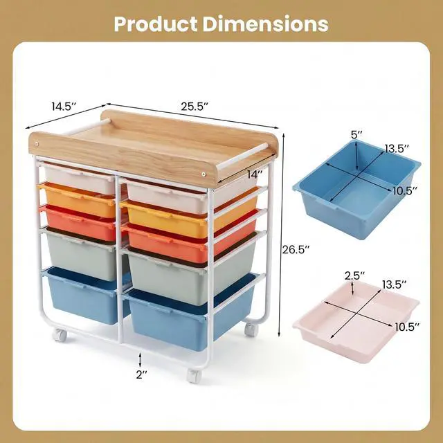 Alt view image 3 of 7 - 10-Drawer Rolling Cart with Drawers - Mobile Art Craft Organizer w/Wooden Top, Lockable Wheels, Metal Frame & Handles, Utility Storage Cart for Office Study School Classroom (Macaron)