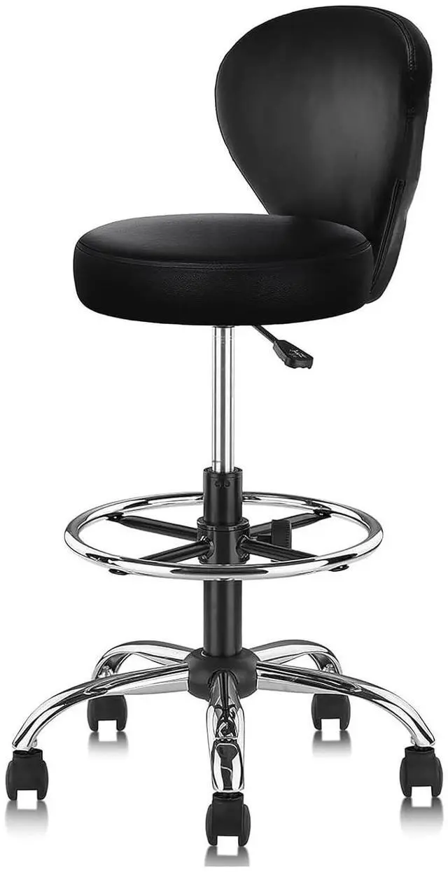 Main image of Black PVC Faux Leather Drafting Chair Rolling Swivel Salon Stool Seat Adjustable Height 36 Inch with Back Support Foot Rest Hydraulic Wide Seat for Tattoo Beauty Barber Lash 1Pack
