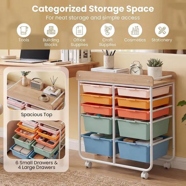 Alt view image 5 of 7 - 10-Drawer Rolling Cart with Drawers - Mobile Art Craft Organizer w/Wooden Top, Lockable Wheels, Metal Frame & Handles, Utility Storage Cart for Office Study School Classroom (Macaron)