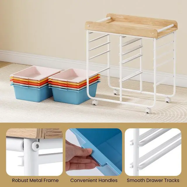 Alt view image 7 of 7 - 10-Drawer Rolling Cart with Drawers - Mobile Art Craft Organizer w/Wooden Top, Lockable Wheels, Metal Frame & Handles, Utility Storage Cart for Office Study School Classroom (Macaron)