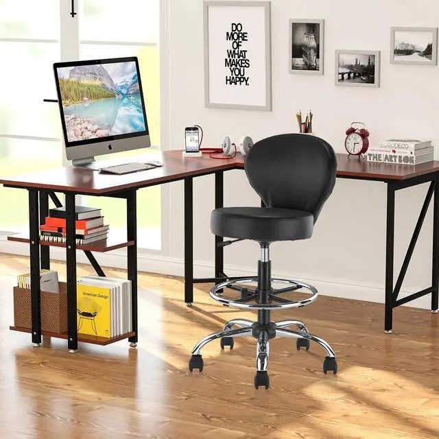 Alt view image 5 of 7 - PVC Faux Leather Drafting Chair Rolling Swivel Salon Stool Seat Adjustable Height 30 Inch with Back Support Foot Rest Hydraulic Wide Seat Diameter 15 in for Tattoo Beauty Barber Lash
