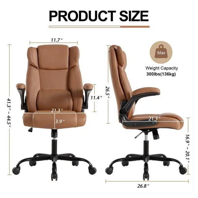 Alt view image 2 of 7 - Office Desk Chair,Ergonomic Conference Room Chairs,Mid Back Executive Leather Chair,Comfy Computer Desk Chairs with Adjustable Flip-Up Arms and Rocking Function (Brown)