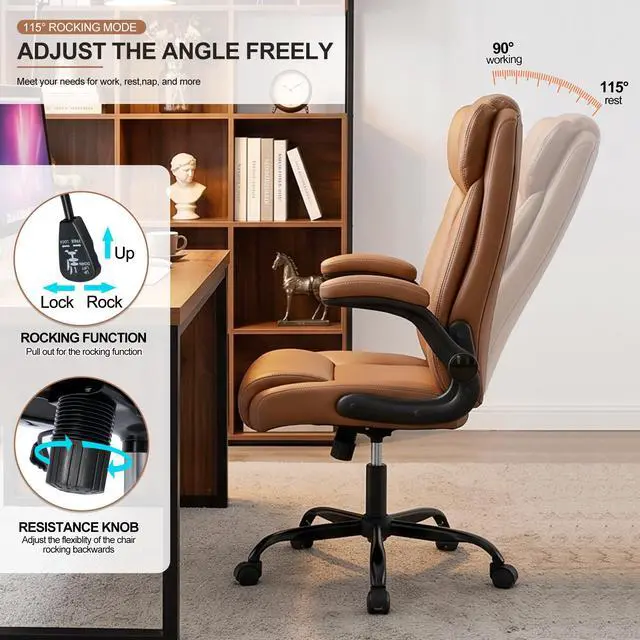 Alt view image 4 of 7 - Office Desk Chair,Ergonomic Conference Room Chairs,Mid Back Executive Leather Chair,Comfy Computer Desk Chairs with Adjustable Flip-Up Arms and Rocking Function (Brown)