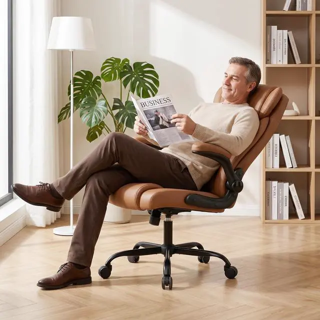 Alt view image 3 of 7 - Office Desk Chair,Ergonomic Conference Room Chairs,Mid Back Executive Leather Chair,Comfy Computer Desk Chairs with Adjustable Flip-Up Arms and Rocking Function (Brown)