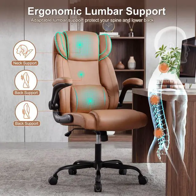 Alt view image 6 of 7 - Office Desk Chair,Ergonomic Conference Room Chairs,Mid Back Executive Leather Chair,Comfy Computer Desk Chairs with Adjustable Flip-Up Arms and Rocking Function (Brown)