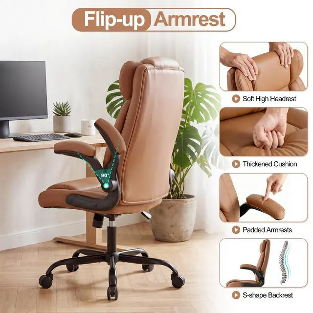Alt view image 5 of 7 - Office Desk Chair,Ergonomic Conference Room Chairs,Mid Back Executive Leather Chair,Comfy Computer Desk Chairs with Adjustable Flip-Up Arms and Rocking Function (Brown)