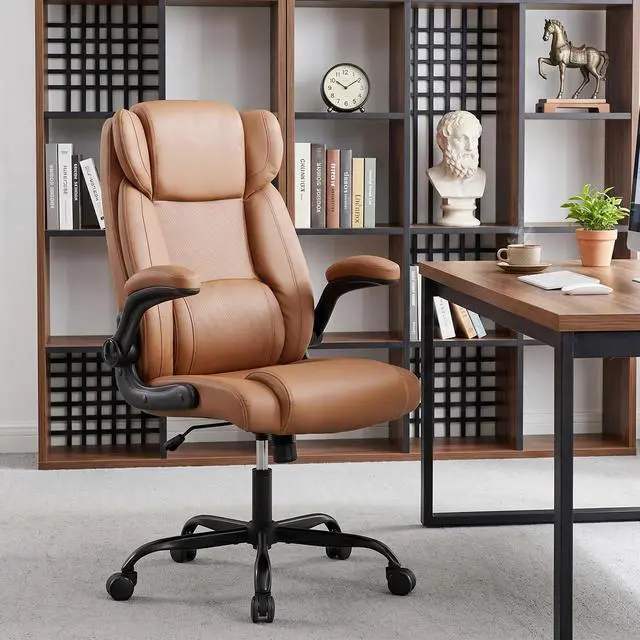 Alt view image 7 of 7 - Office Desk Chair,Ergonomic Conference Room Chairs,Mid Back Executive Leather Chair,Comfy Computer Desk Chairs with Adjustable Flip-Up Arms and Rocking Function (Brown)