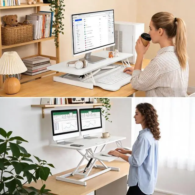 Alt view image 3 of 6 - 37" Height Adjustable Standing Desk Converter, Stand up Desk Riser | Two Monitor Standing Desk, 5.9"-18.8" Height Adjustable Laptop Workstation with Keyboard Tray for Home Office and Company