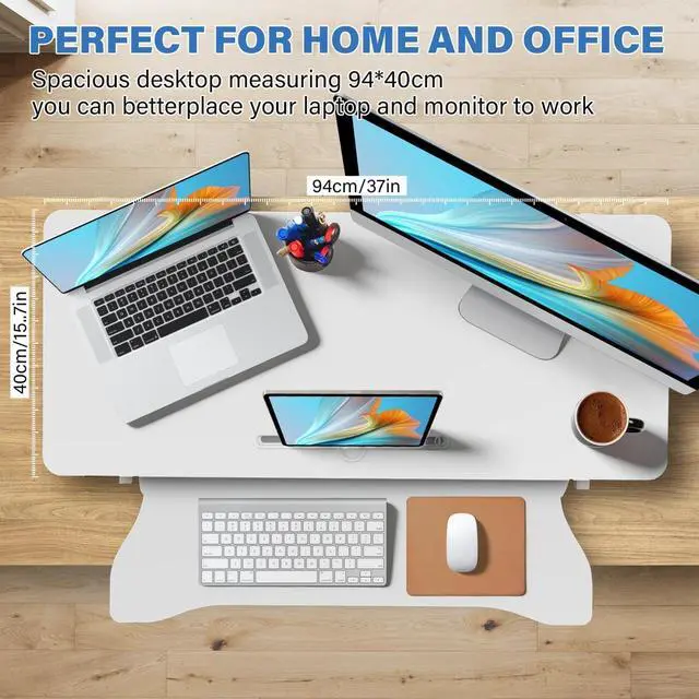 Alt view image 4 of 6 - 37" Height Adjustable Standing Desk Converter, Stand up Desk Riser | Two Monitor Standing Desk, 5.9"-18.8" Height Adjustable Laptop Workstation with Keyboard Tray for Home Office and Company