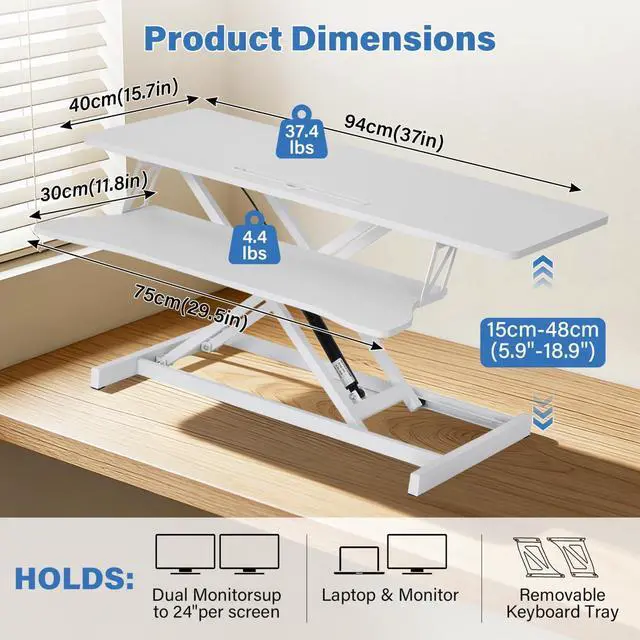 Alt view image 5 of 6 - 37" Height Adjustable Standing Desk Converter, Stand up Desk Riser | Two Monitor Standing Desk, 5.9"-18.8" Height Adjustable Laptop Workstation with Keyboard Tray for Home Office and Company