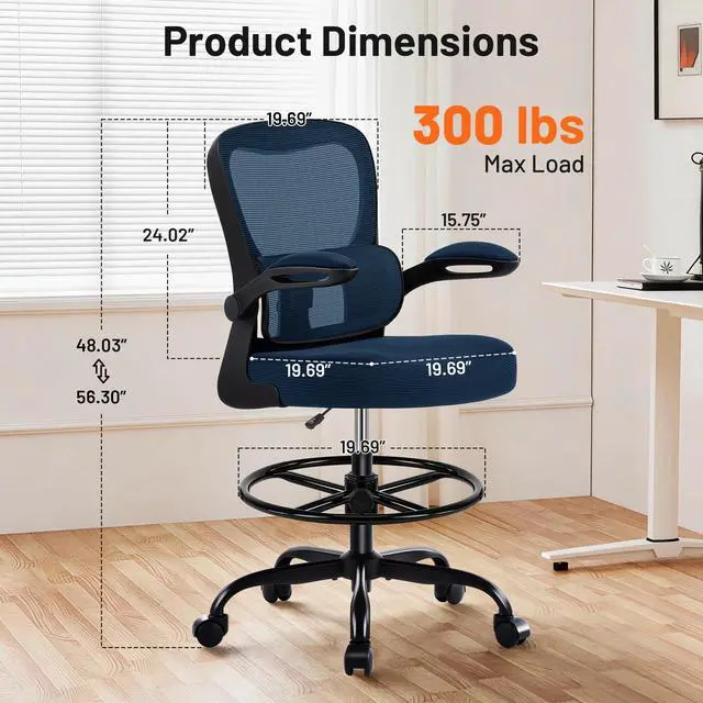 Alt view image 2 of 7 - Drafting Chair - Ergonomic Tall Office Chair with Lumbar Support and Flip-up Armrests - High Standing Desk Chair Breathable Mesh with Adjustable Footrest Ring and Height for Home Office