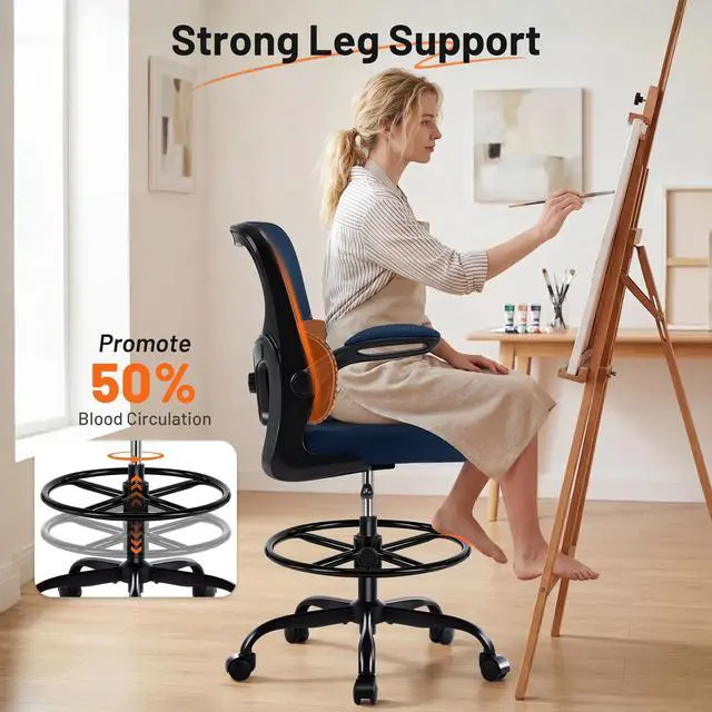 Alt view image 3 of 7 - Drafting Chair - Ergonomic Tall Office Chair with Lumbar Support and Flip-up Armrests - High Standing Desk Chair Breathable Mesh with Adjustable Footrest Ring and Height for Home Office