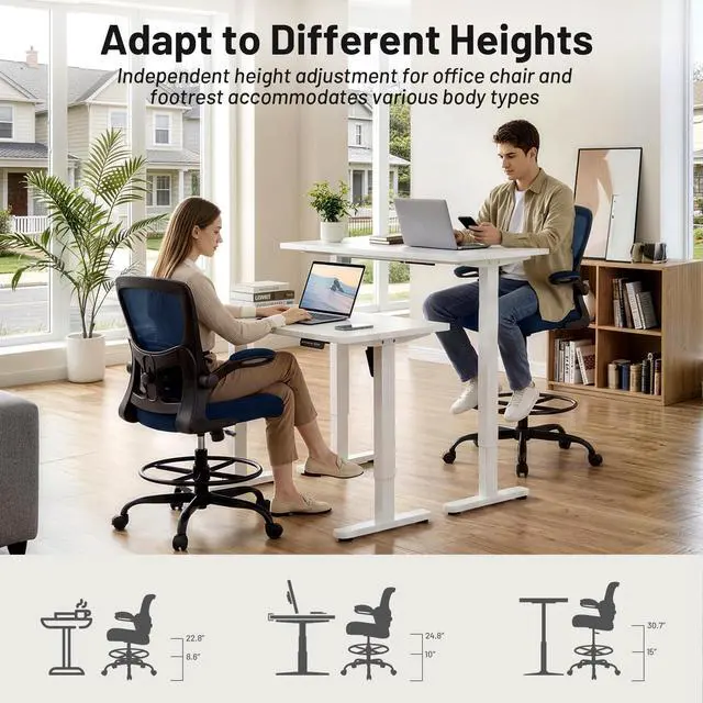 Alt view image 5 of 7 - Drafting Chair - Ergonomic Tall Office Chair with Lumbar Support and Flip-up Armrests - High Standing Desk Chair Breathable Mesh with Adjustable Footrest Ring and Height for Home Office
