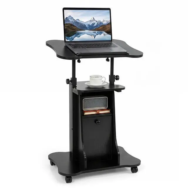 Main image of Mobile Podium Stand, Sit-to-Stand Laptop Cart (Black, 1 Pack) | Tilting Tabletop & Storage Cabinet, Lockable Casters, Height-adjustable Rolling Lectern for Classroom, Church, Home Office