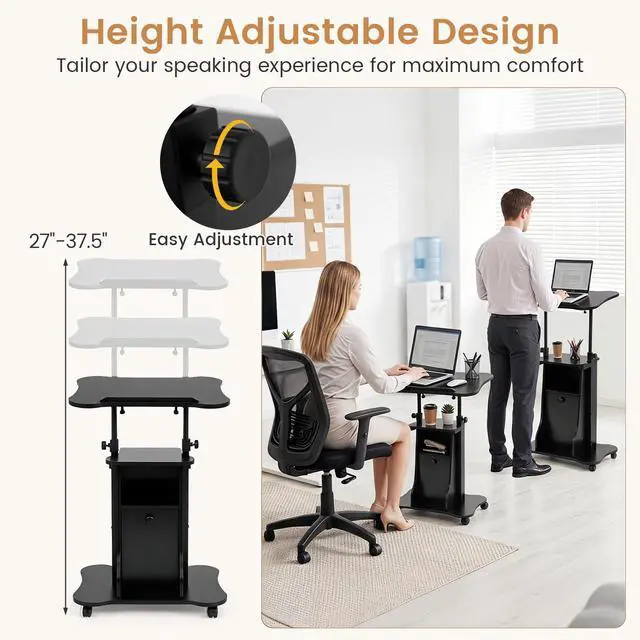 Alt view image 6 of 6 - Mobile Podium Stand, Sit-to-Stand Laptop Cart (Black, 1 Pack) | Tilting Tabletop & Storage Cabinet, Lockable Casters, Height-adjustable Rolling Lectern for Classroom, Church, Home Office