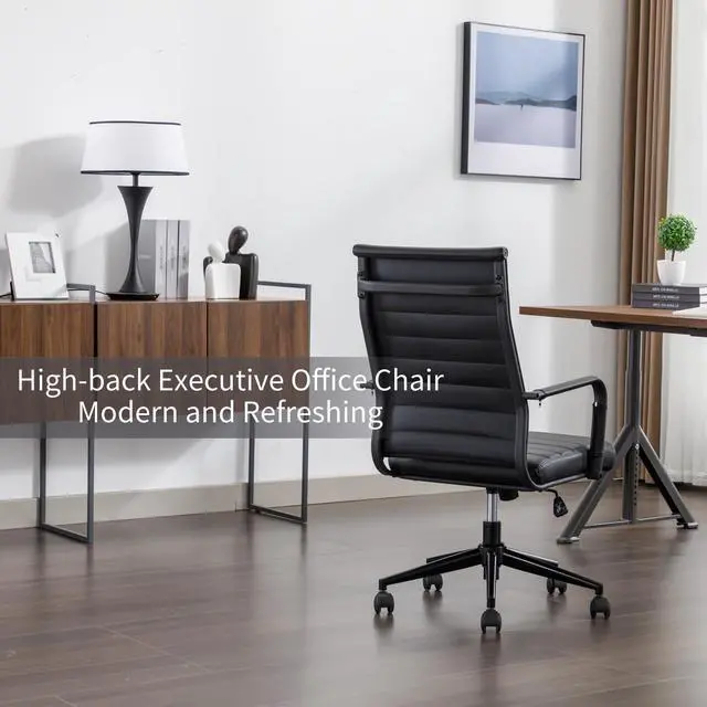Alt view image 3 of 6 - Office Desk Chair Leather, Conference Room Chairs with Wheels, Executive Modern Ergonomic Ribbed Computer Chair