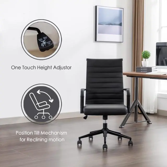 Alt view image 4 of 6 - Office Desk Chair Leather, Conference Room Chairs with Wheels, Executive Modern Ergonomic Ribbed Computer Chair