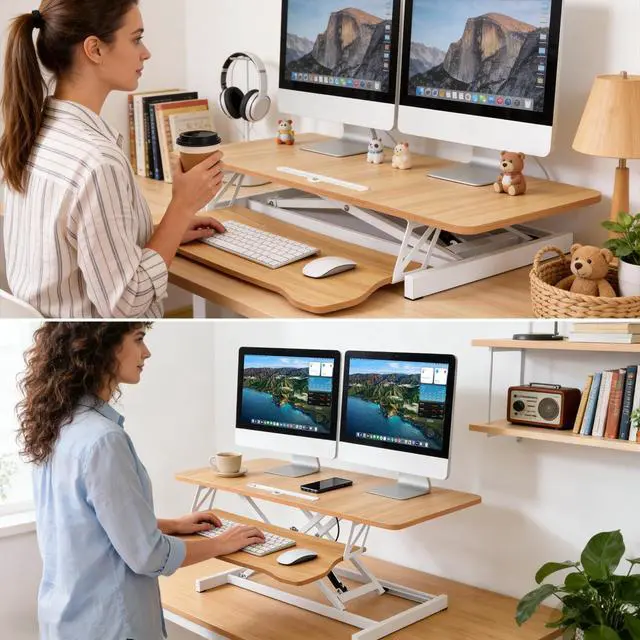 Alt view image 3 of 7 - 37" Height Adjustable Standing Desk Converter, Stand up Desk Riser | Two Monitor Standing Desk, 5.9"-18.8" Height Adjustable Laptop Workstation with Keyboard Tray for Home Office and Company