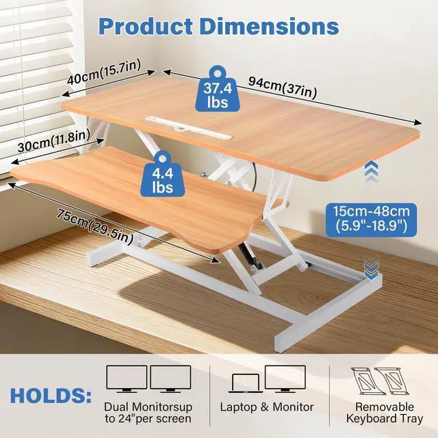 Alt view image 5 of 7 - 37" Height Adjustable Standing Desk Converter, Stand up Desk Riser | Two Monitor Standing Desk, 5.9"-18.8" Height Adjustable Laptop Workstation with Keyboard Tray for Home Office and Company