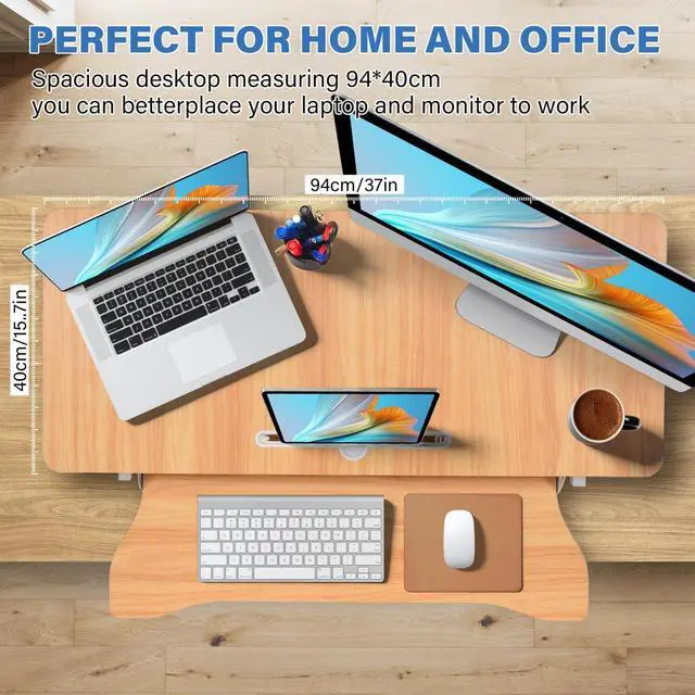 Alt view image 4 of 7 - 37" Height Adjustable Standing Desk Converter, Stand up Desk Riser | Two Monitor Standing Desk, 5.9"-18.8" Height Adjustable Laptop Workstation with Keyboard Tray for Home Office and Company