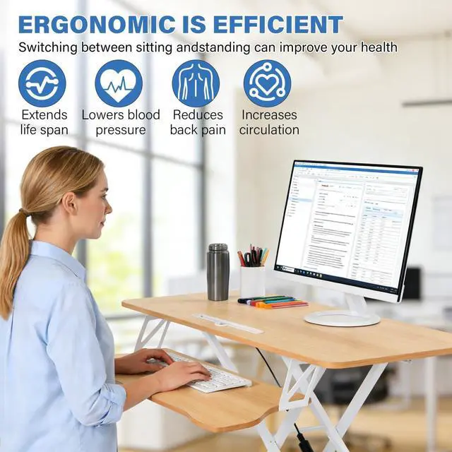 Alt view image 6 of 7 - 37" Height Adjustable Standing Desk Converter, Stand up Desk Riser | Two Monitor Standing Desk, 5.9"-18.8" Height Adjustable Laptop Workstation with Keyboard Tray for Home Office and Company