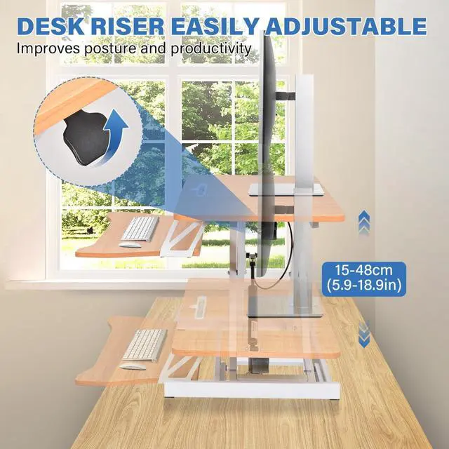 Alt view image 7 of 7 - 37" Height Adjustable Standing Desk Converter, Stand up Desk Riser | Two Monitor Standing Desk, 5.9"-18.8" Height Adjustable Laptop Workstation with Keyboard Tray for Home Office and Company
