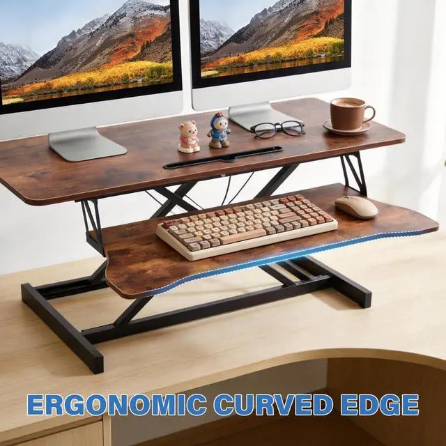 Alt view image 2 of 7 - 37" Height Adjustable Standing Desk Converter, Stand up Desk Riser | Two Monitor Standing Desk, 5.9"-18.8" Height Adjustable Laptop Workstation with Keyboard Tray for Home Office and Company