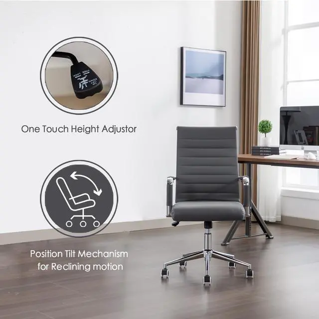 Alt view image 4 of 6 - Office Desk Chair Leather, Conference Room Chairs with Wheels, Executive Modern High Back Ergonomic Swivel Rolling Ribbed Computer Chair