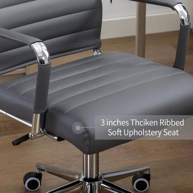 Alt view image 5 of 6 - Office Desk Chair Leather, Conference Room Chairs with Wheels, Executive Modern High Back Ergonomic Swivel Rolling Ribbed Computer Chair