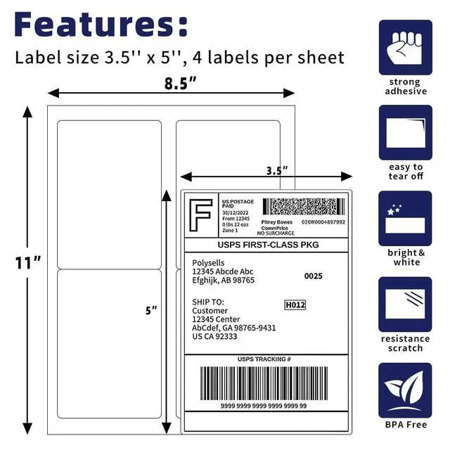 Alt view image 2 of 7 - Shipping Labels with Self Adhesive for Laser & Inkjet Printers, 4 Printing Labels Per Sheet, White 3.5 x 5 Inches - 500 Sheets (2000 Shipping Label Paper)