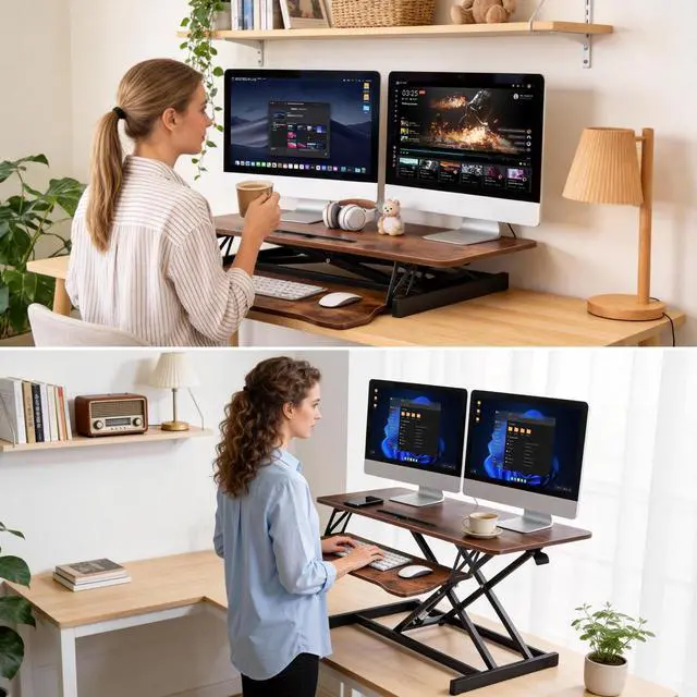 Alt view image 3 of 7 - 37" Height Adjustable Standing Desk Converter, Stand up Desk Riser | Two Monitor Standing Desk, 5.9"-18.8" Height Adjustable Laptop Workstation with Keyboard Tray for Home Office and Company