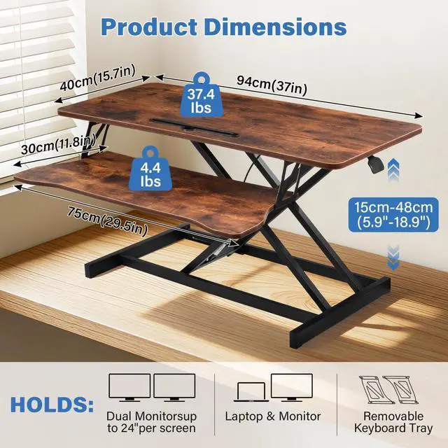 Alt view image 5 of 7 - 37" Height Adjustable Standing Desk Converter, Stand up Desk Riser | Two Monitor Standing Desk, 5.9"-18.8" Height Adjustable Laptop Workstation with Keyboard Tray for Home Office and Company