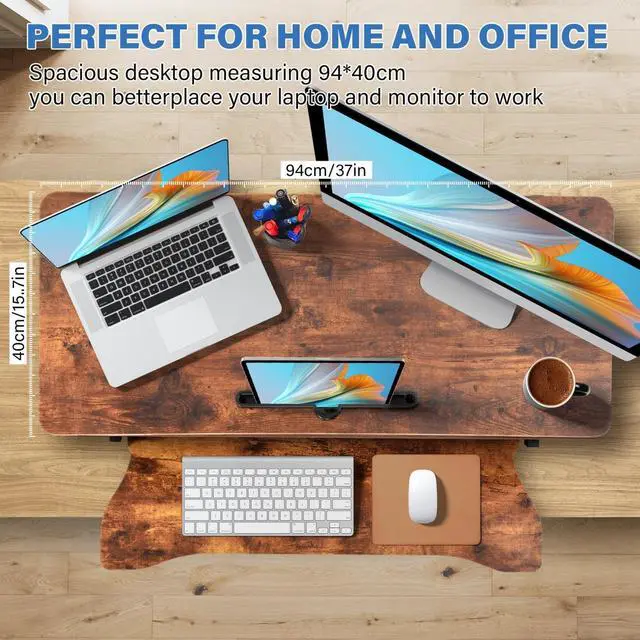 Alt view image 4 of 7 - 37" Height Adjustable Standing Desk Converter, Stand up Desk Riser | Two Monitor Standing Desk, 5.9"-18.8" Height Adjustable Laptop Workstation with Keyboard Tray for Home Office and Company