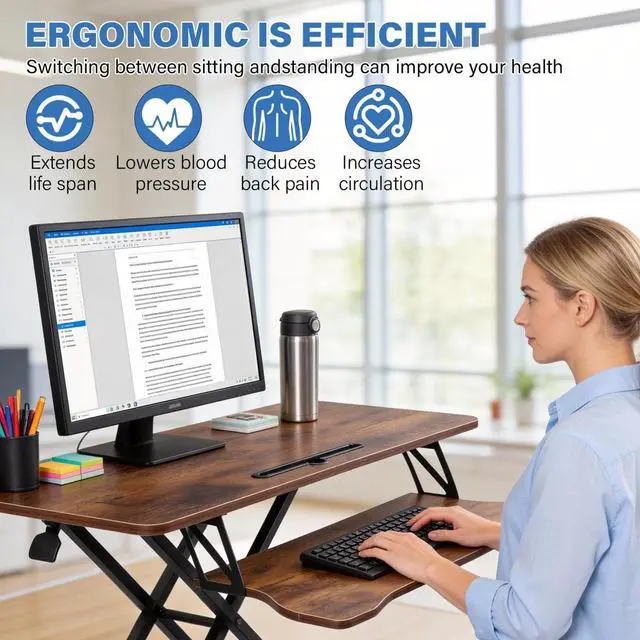 Alt view image 6 of 7 - 37" Height Adjustable Standing Desk Converter, Stand up Desk Riser | Two Monitor Standing Desk, 5.9"-18.8" Height Adjustable Laptop Workstation with Keyboard Tray for Home Office and Company