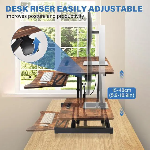 Alt view image 7 of 7 - 37" Height Adjustable Standing Desk Converter, Stand up Desk Riser | Two Monitor Standing Desk, 5.9"-18.8" Height Adjustable Laptop Workstation with Keyboard Tray for Home Office and Company