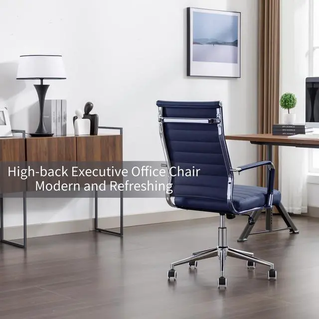 Alt view image 3 of 6 - Office Desk Chair Leather, Conference Room Chairs with Wheels, Executive Modern High Back Ergonomic Swivel Rolling Ribbed Computer Chair
