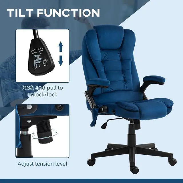 Alt view image 6 of 7 - Executive Office Chair 6 Points Vibration Massage Velvet Drak Blue | Heated Lumbar Support, High Back Computer Chair, Reclining Backrest, Tilt Function, Padded Armrests