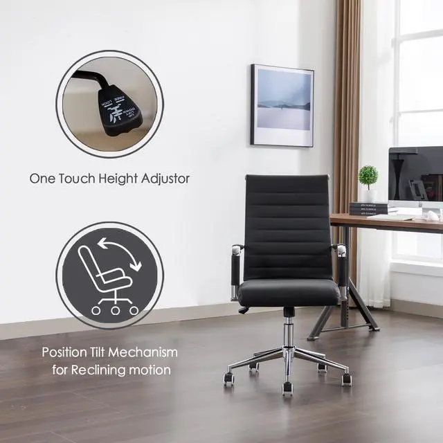 Alt view image 3 of 6 - Office Desk Chair Leather, Conference Room Chairs with Wheels, Executive Modern High Back Ergonomic Swivel Rolling Ribbed Computer Chair