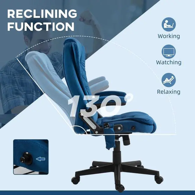 Alt view image 7 of 7 - Executive Office Chair 6 Points Vibration Massage Velvet Drak Blue | Heated Lumbar Support, High Back Computer Chair, Reclining Backrest, Tilt Function, Padded Armrests