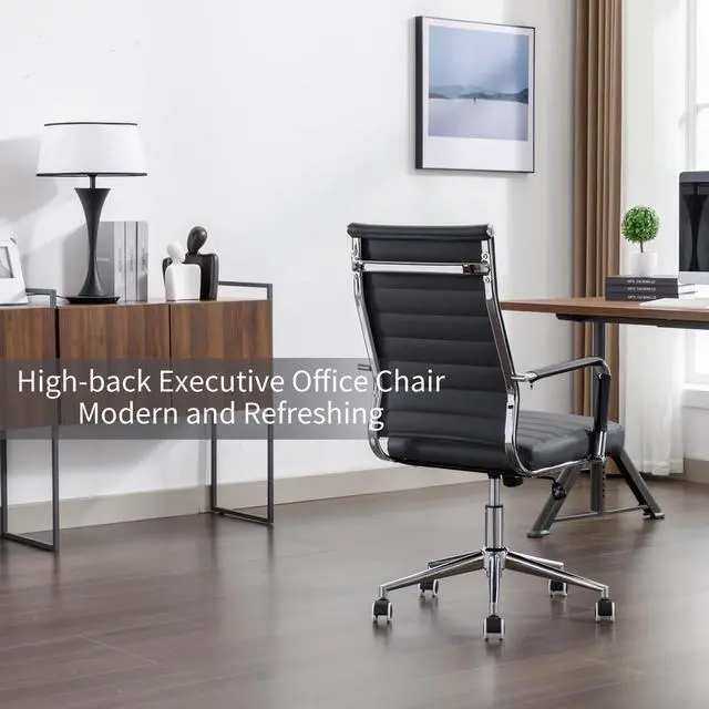 Alt view image 4 of 6 - Office Desk Chair Leather, Conference Room Chairs with Wheels, Executive Modern High Back Ergonomic Swivel Rolling Ribbed Computer Chair