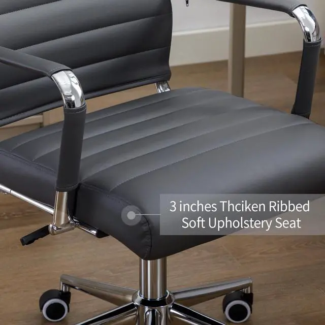 Alt view image 5 of 6 - Office Desk Chair Leather, Conference Room Chairs with Wheels, Executive Modern High Back Ergonomic Swivel Rolling Ribbed Computer Chair