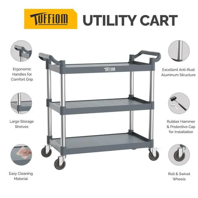 Alt view image 2 of 6 - Plastic Service Utility Cart with Wheels,Heavy Duty 450lbs Capacity, 3-Tier Commercial Rolling, Ideal for Restaurant, Foodservice, Office, Warehouse, Gray 39.8''L x 19.1''W x 38.4''H