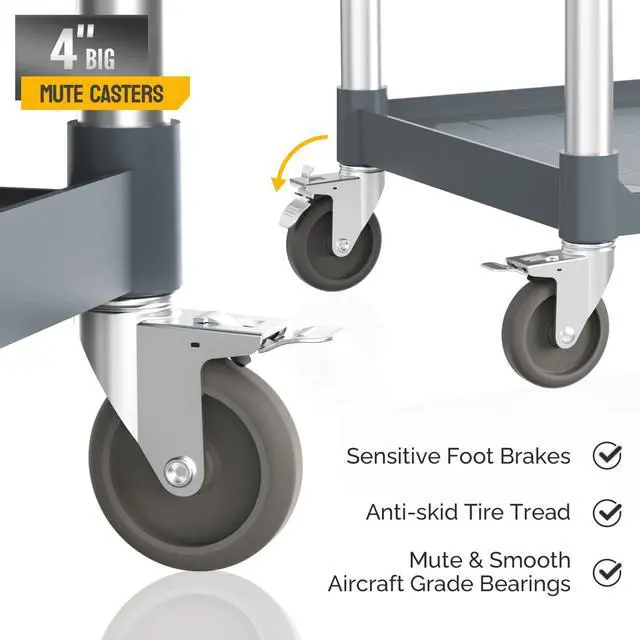 Alt view image 3 of 6 - Plastic Service Utility Cart with Wheels,Heavy Duty 450lbs Capacity, 3-Tier Commercial Rolling, Ideal for Restaurant, Foodservice, Office, Warehouse, Gray 39.8''L x 19.1''W x 38.4''H