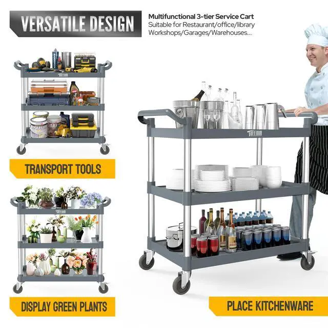 Alt view image 4 of 6 - Plastic Service Utility Cart with Wheels,Heavy Duty 450lbs Capacity, 3-Tier Commercial Rolling, Ideal for Restaurant, Foodservice, Office, Warehouse, Gray 39.8''L x 19.1''W x 38.4''H