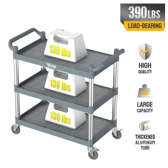 Alt view image 6 of 6 - Plastic Service Utility Cart with Wheels,Heavy Duty 450lbs Capacity, 3-Tier Commercial Rolling, Ideal for Restaurant, Foodservice, Office, Warehouse, Gray 39.8''L x 19.1''W x 38.4''H